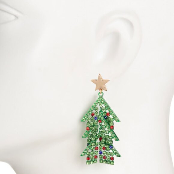 NWT BETSEY JOHNSON Green Crystal Christmas Tree Drop Earrings Festive Holiday - Picture 2 of 5